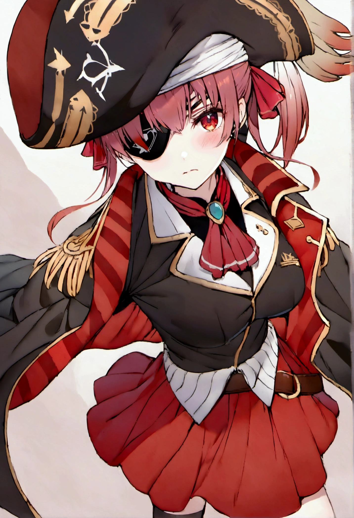 Hair Ribbon, Red Ascot, Red Skirt, belt, Leotards worn under clothing, Black leotard, Black knee socks, Black coat, pirate hat, Eye patch, Red eyes