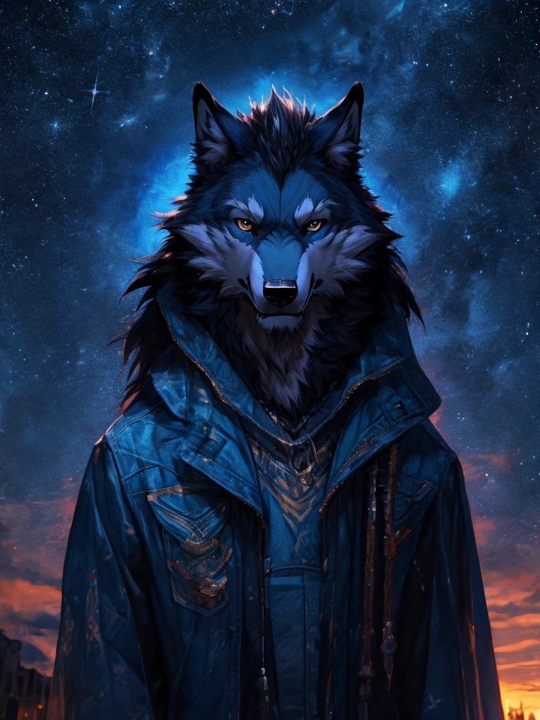 lobo,blue jacket looking towards sad night horizon with stars realistic 4k