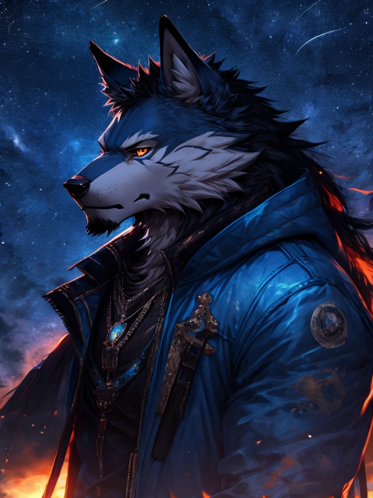 lobo,blue jacket looking towards sad night horizon with stars realistic 4k