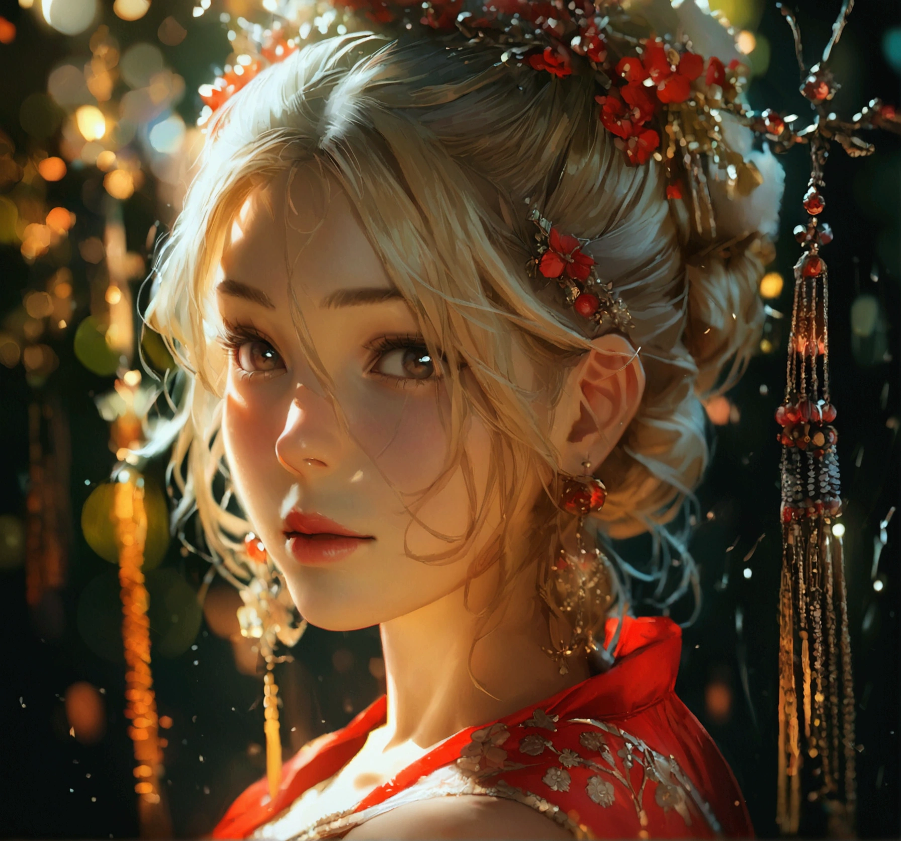 best quality, masterpiece, highres, 1girl,china dress,hair ornament,necklace, jewelry,Beautiful face,upon_body, tyndall effect,photorealistic, dark studio, rim lighting, two tone lighting,(high detailed skin:1.2), 8k uhd, dslr, soft lighting, high quality, volumetric lighting, candid, Photograph, high resolution, 4k, 8k, Bokeh, blonde hair,  