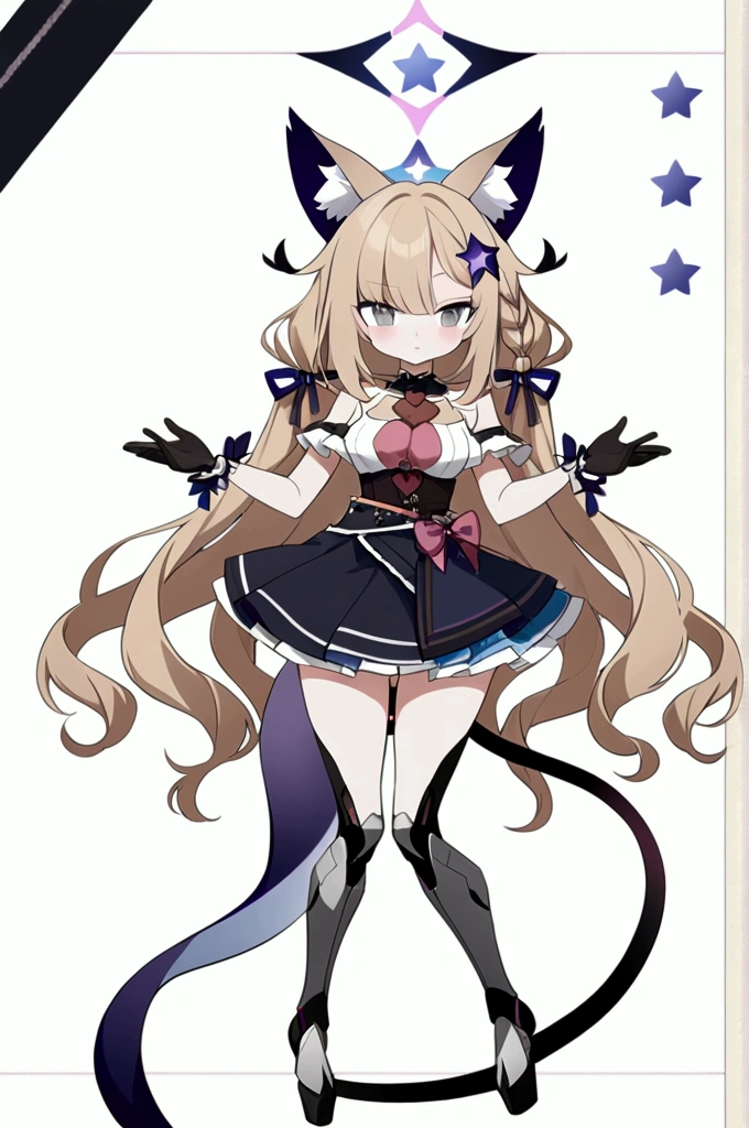 woman 170 cm tall. medium chest, wide hip, slim build, charming look, ((whole body)). (((character design sheet: front view))). (dark blonde hair, ((hip length wavy hair, asymmetrical bangs, star hairpin)), (She has a short braid tied with an elegant purple ribbon on the left side of her hair above her chest). (She has a short braid tied with an elegant purple ribbon on the right side of her hair above her chest). She has small hair ties in the back of her hair..). ((Gray eyes with a pink 4-pointed star in the pupil)). (Two black and purple fox ears located on the top of the head). (Luminous black horizontal halo with purple star patterns above his head). He has a black collar with a heart emblem on his neck.. (Elegant long one piece dress, thigh-length lace and ruffle skirt, ribbon decorations and star patterns on the dress). black gloves, Black platform heels. gray belt at the waist with a large ribbon with a luminous pink heart in the middle. ((It has a succubus tail that ends in the shape of a heart.)). (((It has complex mechanical legs that reach up to the thighs and are black with small purple details..))). beautiful detailed hair, beautiful detailed dress. extremely detailed arms. extremely detailed face, small face, Beautiful detailed eyes, beautiful detailed lips. adorable. extremely detailed legs. (Best Quality, 4k, high resolution), ultra detailed, Exquisite and epic character art, ((White background)). (Focus on symmetry).