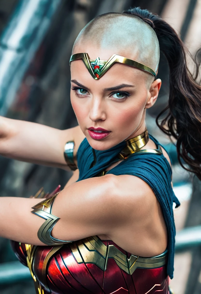 (((In extreme close-up, a beautiful Cyber Punk woman with a completely shaved head Diaema led Wonder Woman Adriana Lima under the mantle of the Amazon warrior Wonder Woman (((Completely shaved head))),(((Diaema Led Wonder Woman front images images color Splash))),(((Diaema LED))),((((skinhead)))),(((Diaema led Wonder Woman))),((((((led))))))