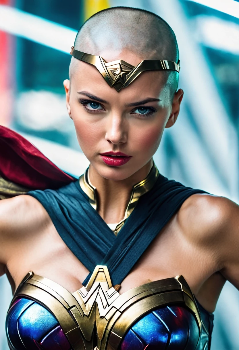 (((In extreme close-up, a beautiful Cyber Punk woman with a completely shaved head Diaema led Wonder Woman Adriana Lima under the mantle of the Amazon warrior Wonder Woman (((Completely shaved head))),(((Diaema Led Wonder Woman front images images color Splash))),(((Diaema LED))),((((skinhead)))),(((Diaema led Wonder Woman))),((((((led))))))