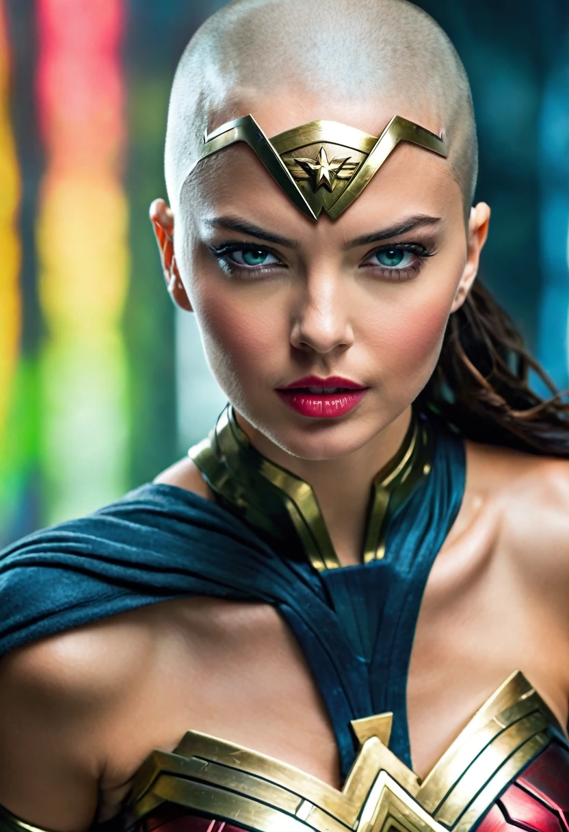 (((In extreme close-up, a beautiful Cyber Punk woman with a completely shaved head Diaema led Wonder Woman Adriana Lima under the mantle of the Amazon warrior Wonder Woman (((Completely shaved head))),(((Diaema Led Wonder Woman front images images color Splash))),(((Diaema LED))),((((skinhead)))),(((Diaema led Wonder Woman))),((((((led))))))