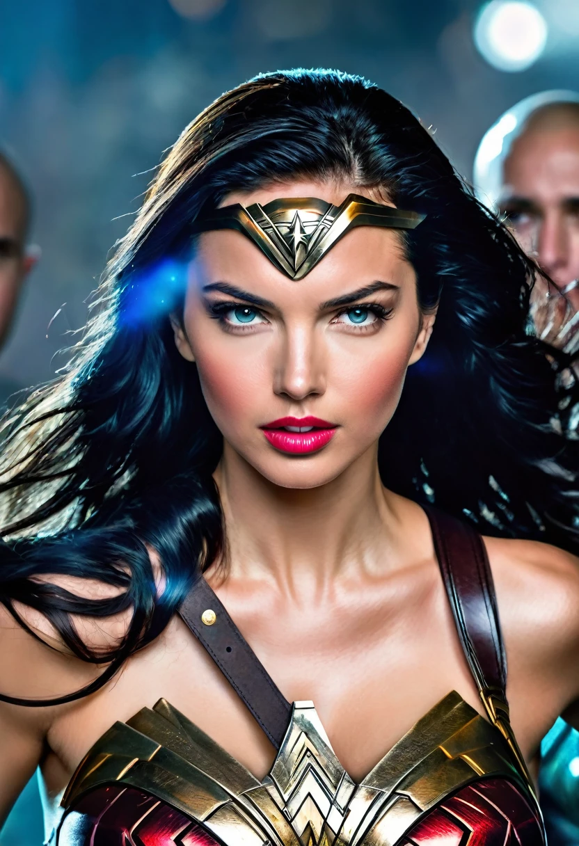 (((In extreme close-up, a beautiful Cyber Punk woman with a completely shaved head Diaema led Wonder Woman Adriana Lima under the mantle of the Amazon warrior Wonder Woman (((Completely shaved head))),(((Diaema Led Wonder Woman front images images color Splash))),(((Diaema LED))),((((skinhead)))),(((Diaema led Wonder Woman))),((((((led))))))