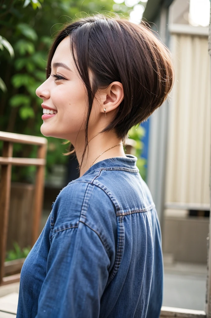 Top quality, 1 beautiful woman, super short Hair, Giddy Smile, wearing Shirt,Profile