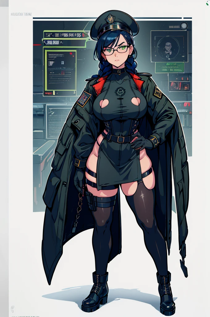 (masterpiece, best quality, high resolution, ((huge breasts)) 1 girl, dark blue hair tied in 2 braids, glasses, green eyes, black cyberpunk style military uniform, black pantyhose, black gloves, serious expression, earrings, choker , black military hat, black boots(white background, Stickers.Redmond ), ((full body standing)),