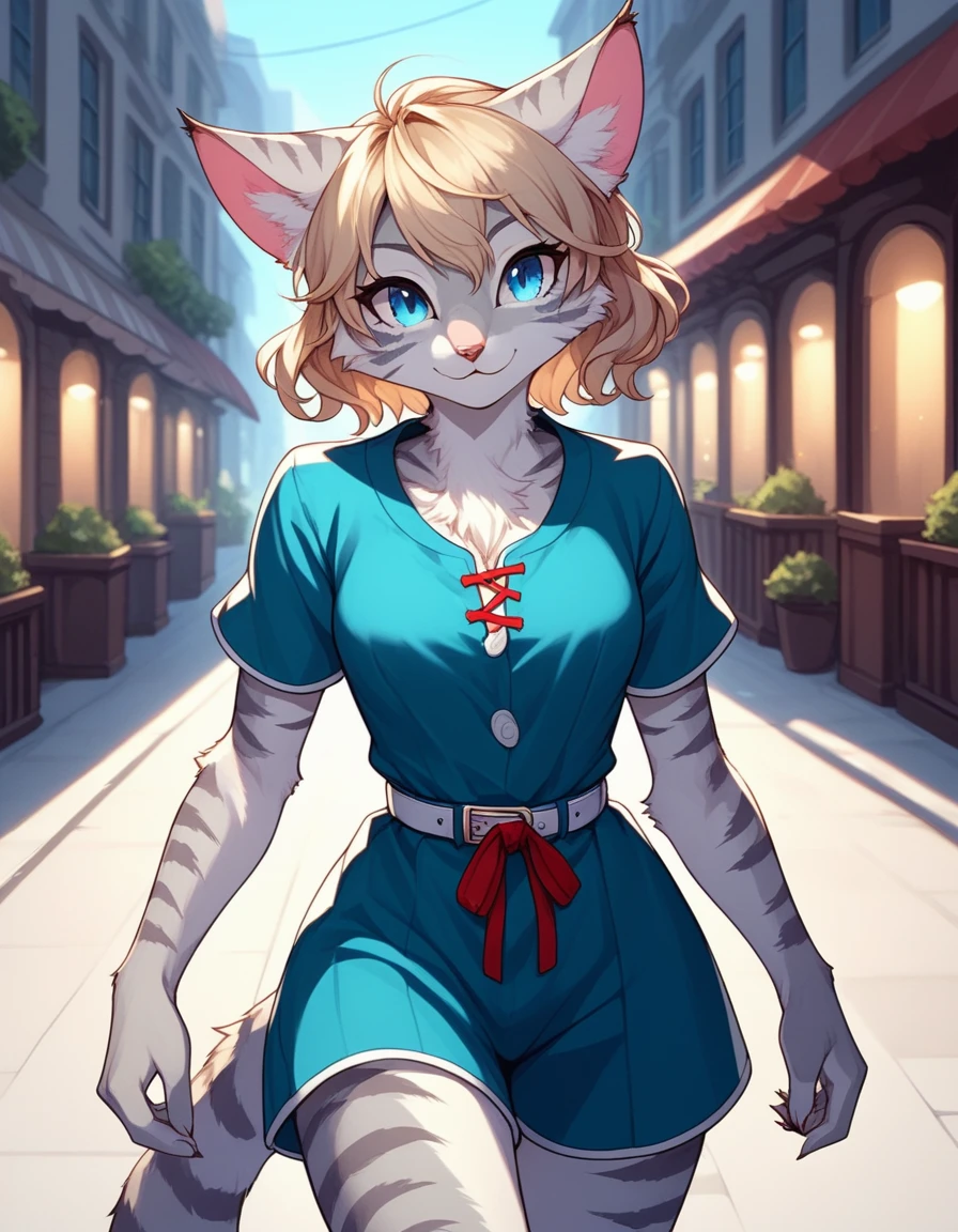 Solo, score_9,score_8_up,score_7_up, kemono style, Kat, Anthro furry feline, silver fur, grey stripes on body, blue eyes, short wavy blonde hair, red ribbon in hair, pink nose, :3, wearing blue checkered romper, white belt, walking down the street of a 1940s manhattan city, playful pose 