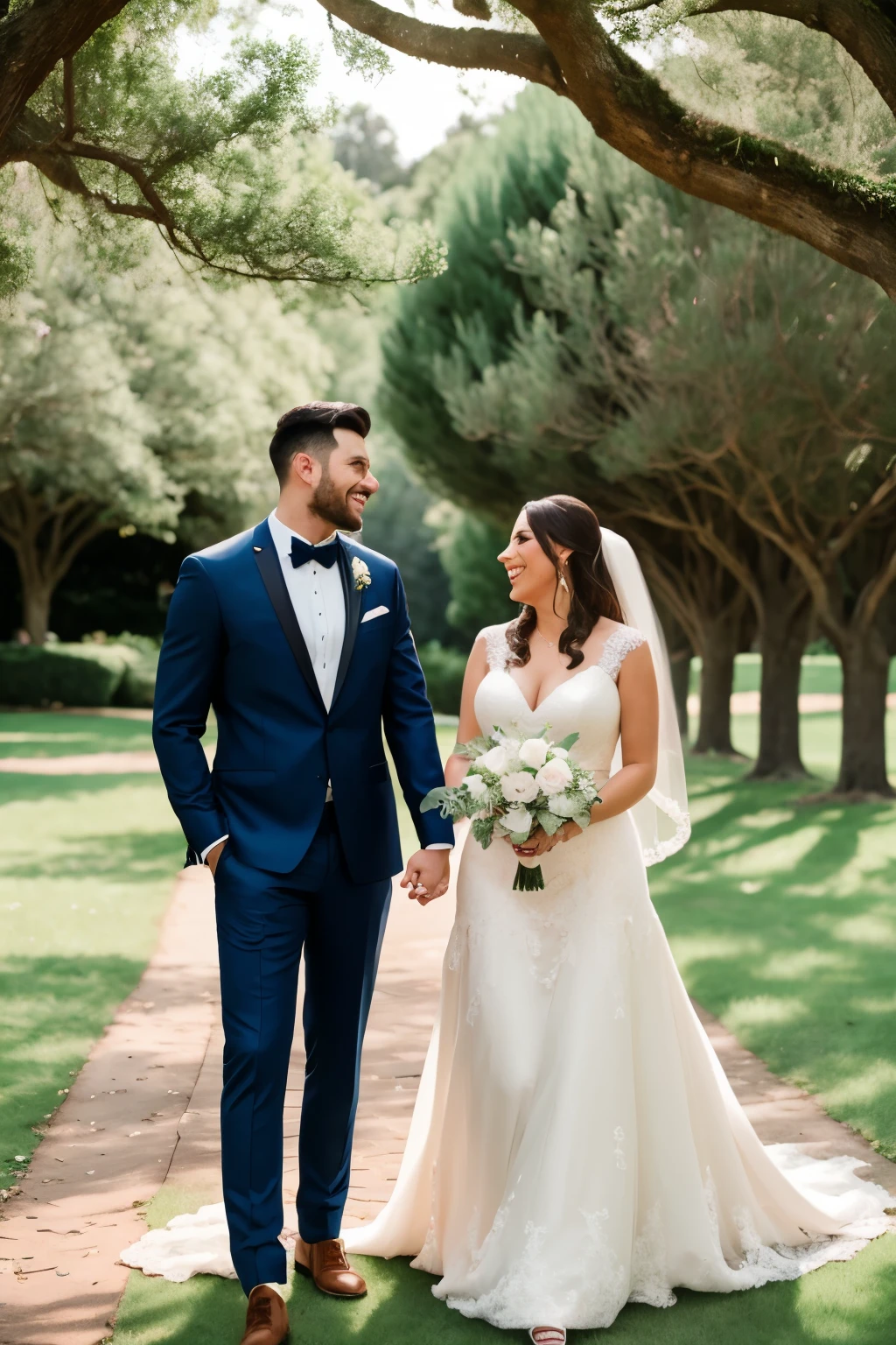 A stunning wedding couple, radiant with love, gracefully enjoying a picnic in a lush park. The bride, with her cascading veil and sparkling diamond tiara, is dressed in a pristine white wedding dress, featuring delicate lace detailing and a fitted waistline, accentuating her slim figure. The groom, equally handsome, is suited up in a crisp tuxedo, his bow tie perfectly aligned. They both share a loving glance, their smiles radiating happiness and contentment.
Their picnic setup is charmingly romantic, with a vintage wicker basket filled with gourmet delicacies, including a bottle of champagne and a selection of fresh fruits and pastries