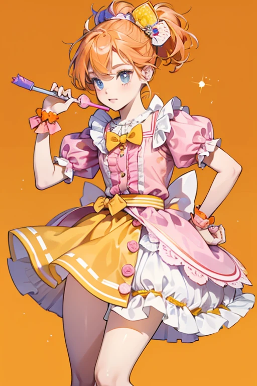 Lolly has hot pink and orange hair tied up into two small lollipop buns, with streaks of orange secured by yellow bows. Her top resembles that of a clown, with an orange button at the top and a yellow button at the bottom, with pink puffy sleeves. Her skirt is a translucent pink and orange tutu with white trim that has yellow and orange spots around it. A pink bow belt is wrapped around her waist. Her shoes are mismatched color-wise, with her right shoe being orange while her left shoe is pink. They both have yellow bows. SPARKLE; GLITTER
