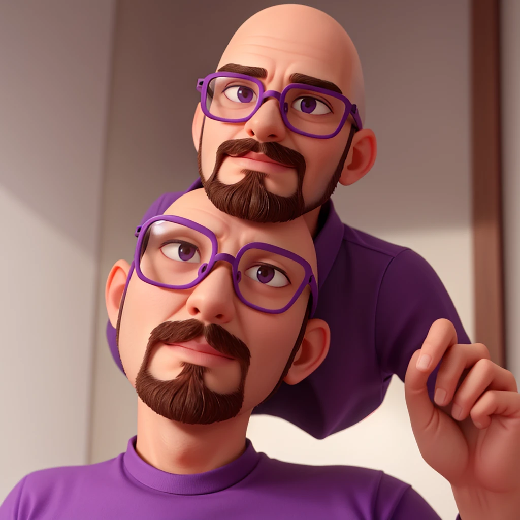 Slim man, short beard, bald, purple shirt, wearing glasses, straight eyes