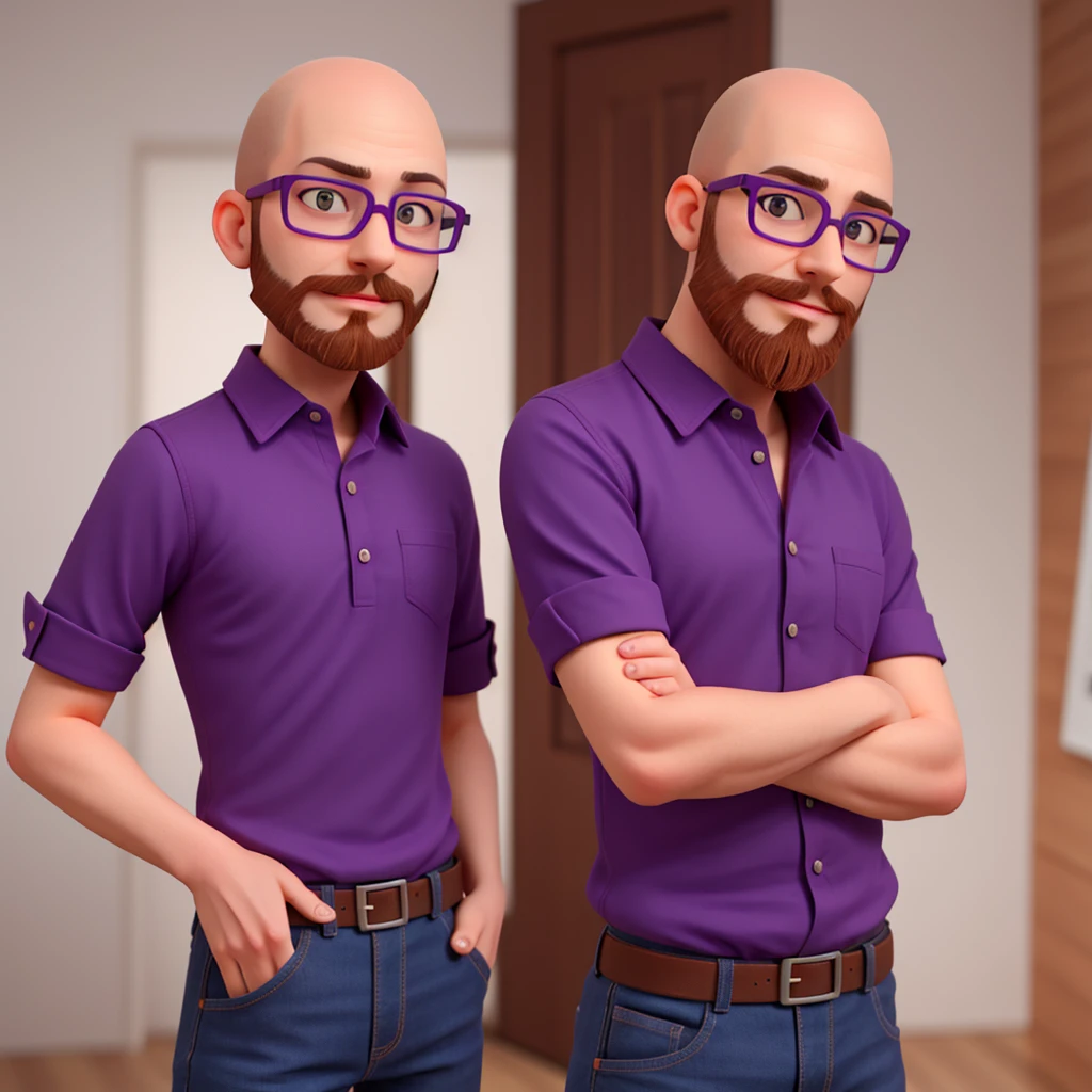 Slim man, short beard, bald, purple shirt, wearing glasses, straight eyes