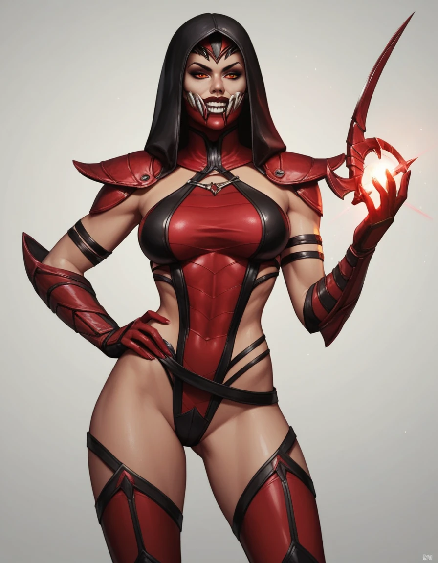 Skarlet,red eyes,black hair,multicolored hair,long hair, evil smile, 
shouler pads,cleavage,
red top,midriff,shoulder pads,pelvic curtain,gauntlets,bandages,bare shoulders,
navel,toned,sitting,spread legs,
blood splatters, dungeon, dim lighting,  blood, 
(insanely detailed, masterpiece, best quality) solo,<lora:Skarlet-10MKv9:0.8>,