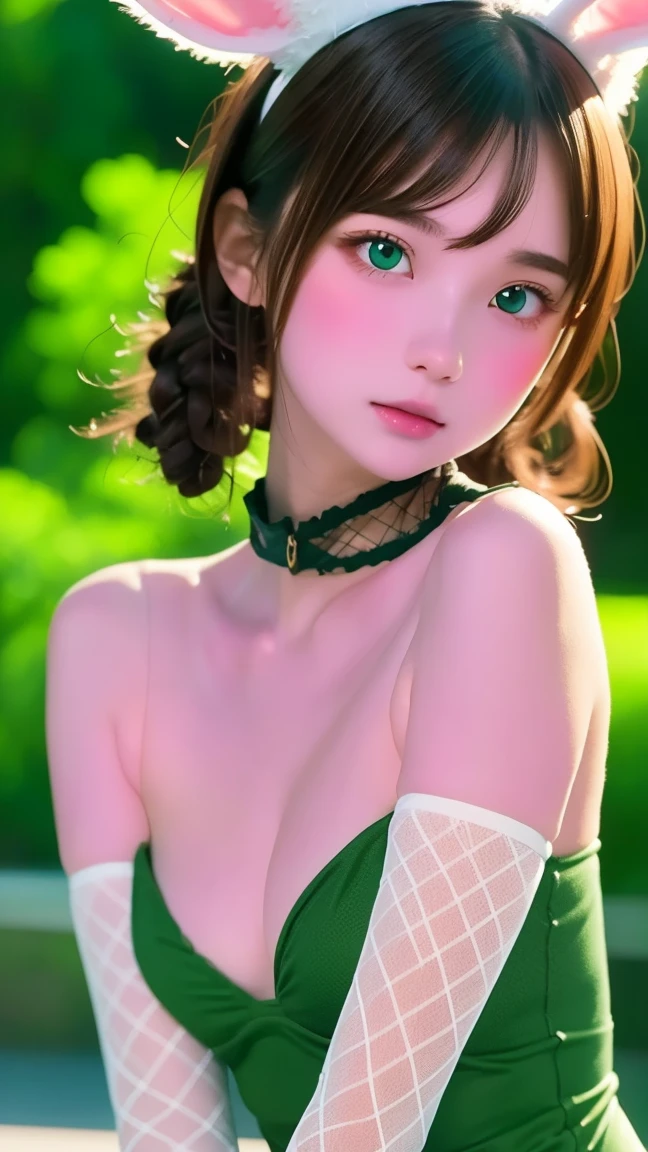 masterpiece, best quality, highres, 1girl, detailed face, blush, anime CG style, (medium breasts), (18 year old girl:1.3), (aged up), good lighting, perfect body, sakura kinomoto, glossy lips, strapless leotard, detached collar, wrist cuffs, (white fishnet tights), bunny ears, (curvy), confused