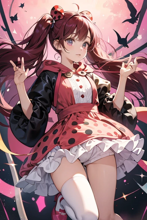 Lucky is dressed just like a little ladybug. She is a girl with fair skin, standard black button eyes, and dark pink hair worn in short twin pigtails. Her long straight bangs cover most of her forehead.
Lucky is wearing a red and black polka dotted romper with a hoodie over her head that has curly black antennae. Under her costume, she wears a white blouse with the puffy sleeves visible. She wears calf-length white socks that are slightly folded over. Her shoes are pink Mary Janes with black bows on the toes. SPARKLE; GLITTER