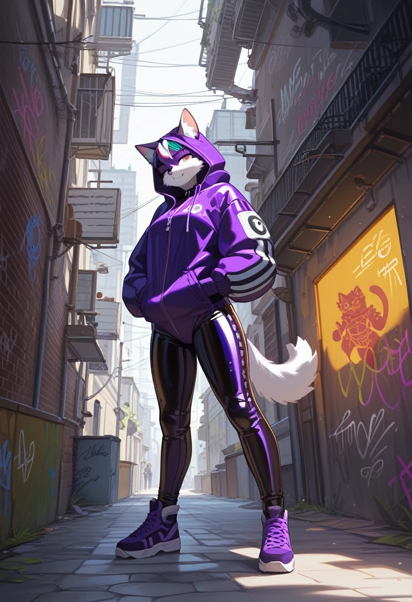 animation, Highest quality, Highest quality, High quality illustrations, masterpiece, Ultra-high resolution, Detailed Background, Alley, Graffiti art on the wall, Absurd, Perfect ???????, performance, Good lighting, Shadows in the movies(kemono, Furry PersonifiCation), Cat, White Skin, Purple Rubber Suit, latex, neon, neonライト, neonカラー, Bodysuits, Cyber Suit, Mech Suit, Rubber Hoodie, cyber punk, Turning her back, From the back