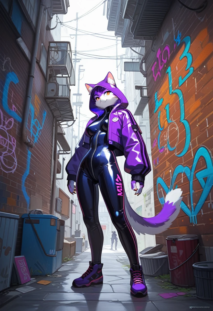 animation, Highest quality, Highest quality, High quality illustrations, masterpiece, Ultra-high resolution, Detailed Background, Alley, Graffiti art on the wall, Absurd, Perfect ???????, performance, Good lighting, Shadows in the movies(kemono, Furry PersonifiCation), Cat, White Skin, Purple Rubber Suit, latex, neon, neonライト, neonカラー, Bodysuits, Cyber Suit, Mech Suit, Rubber Hoodie, cyber punk, Turning her back, From the back