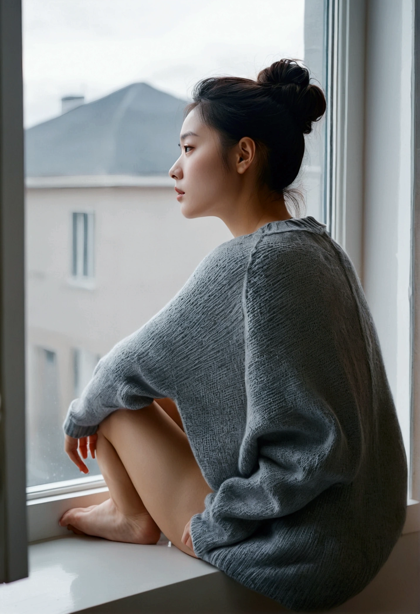 Cinematic photo nude woman sitting on window sill looking out window, grey sweater, Stock Photo by Ji Chen, Tumbler, aestheticism, Movie Still, Pretty, pixiv . 35 mm photo, movie, Bokeh, Professional, 4K, Highly detailed