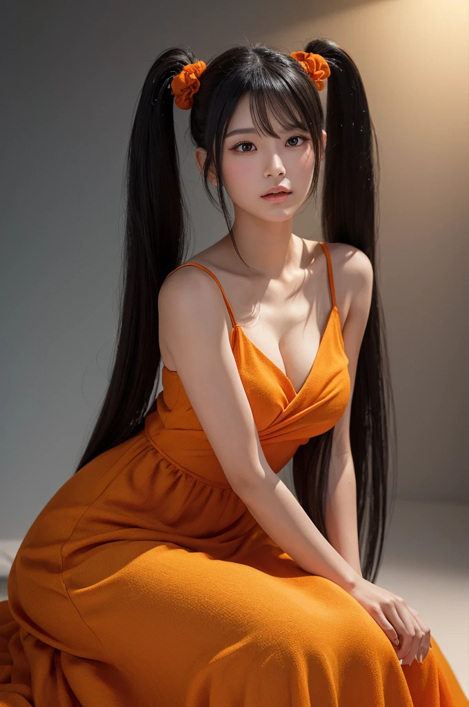 Create an ultra-realistic, lifelike image of a Japanese beauty character with long black hair in twin-tails. She is wearing a thin, flowing orange dress that appears to be intertwined with a liquid-like substance. The character is seated, hugging her knees, and looking directly at the camera. The background is a vivid orange, highlighting the character and her dress. The illustration technique includes detailed texture rendering and emphasis on light reflection, creating a cohesive integration of the character and background. The image should be in a vertical format to best showcase the character's features and pose.