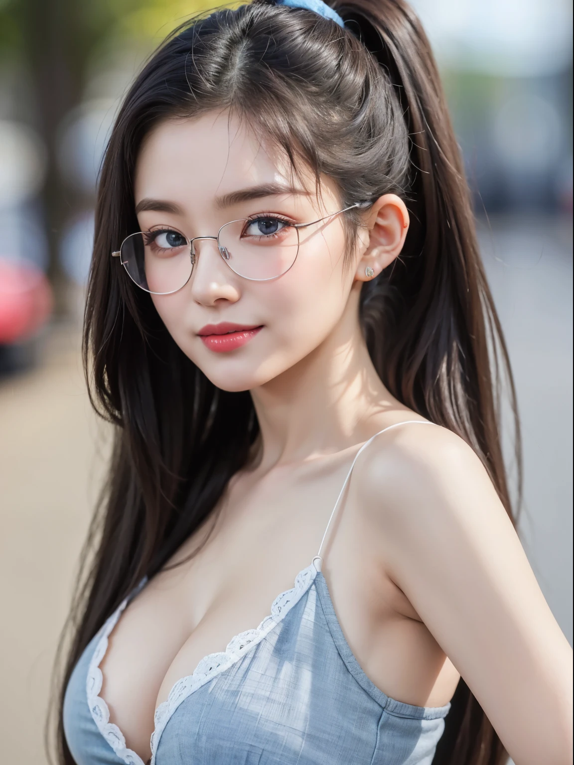 (Best quality, masterpiece, detailed), (RAW, 4k, hd images), shy, 1 girl, , white skin, long hair, ponytail, layers hair, bangs, black hair, beautiful girl, cute girl, sweet girl, pretty girl, perfect girl, pretty eyes, blue eyes, thin lips, thin, (eye line, lip stick soft), perfect round breast, glasses(detailed frame), outdoors, smile, waist, hips, overall clothes, selfie, random angle capture, half body, cleavage, potrait