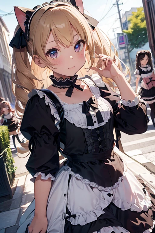 Superb detail, 8k photos, hyper-realism, professional light, realistic background, visual depth, background bokeh, wide angle lens, full body, (13 years old, cute, , flat chest, cat ears), 1girl, colored eyes, blonde hair, (Lolita fashion: 1.5), (lace, frilled shirt, white petticoat, sneakers), (plush toy), pink cute backpack, street, fashion