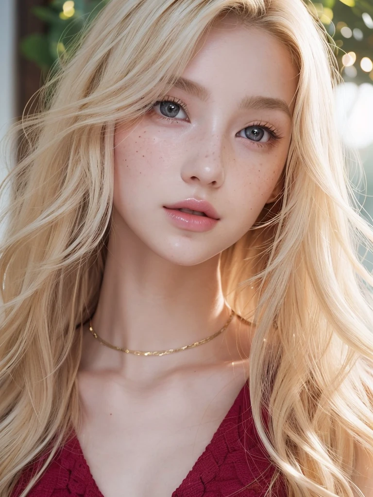 Light blonde hair, Wavy blonde hair, Wavy blonde hair、 black eye, Upturned and beautiful nose, Thick lips, Cupid with heart shaped lips.., Pink Lips, pale, White skin, Nice and soft skin, I have freckles and moles, Beautiful eyebrows, Exceptionally beautiful collarbones、 dark red, With women's underwear, slim and beautiful stomach, Bare neckline, (Large Breasts, Soft Breasts, Natural Breasts, Bare neckline), While holding a rose, Looking at the camera, Auto Photo、undergarment、