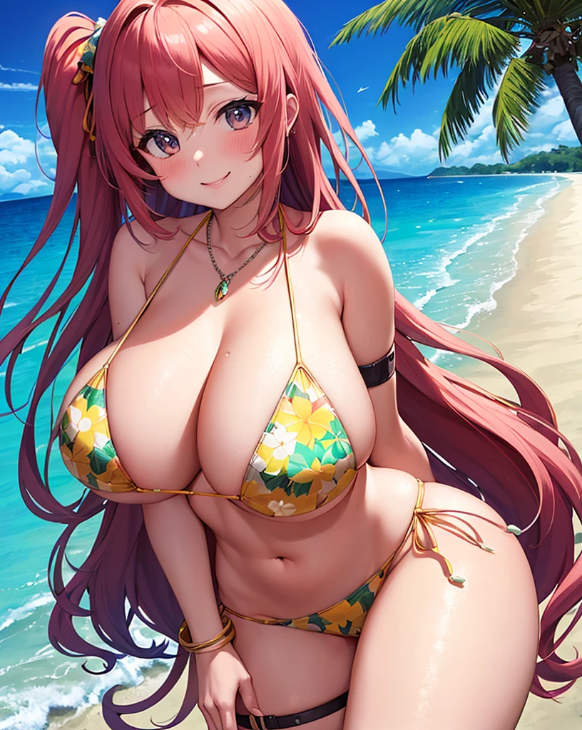 masterpiece, Highest quality, In detail, High resolution, Anime screenshots, One girl, bikini, bikini skirt, Floral print, necklace, bracelet, Thigh straps, Bracelet, Huge breasts, Saggy breasts, Let go of my chest, Leaning forward, blush, smile, Beach, Ocean, Palm tree