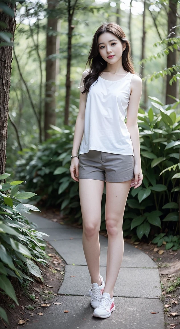 masterpiece, best quality, Surreal, Ultra Detailed, 8k resolution, RAW photos, Clear focus, (A girl in the forest), ((light gray shirt:1.1)),  sleeveless, sports Shorts,Full body posture, Solitary, (Half body:1.2)，Perfect body, Become a, Bangs to eyebrows、Beautiful brown hair、Beautiful and delicate eyes、Brown eyes、Raise an eyebrow、High Nose、Small nostril、Little mouth、Tempting lips、Mouth slightly open、Beautiful breasts、Full body、Oval face, Both eyes, Both eyes皮, Long eyebrows, Long eyelashes, A faint smile, 32 inches in the chest,(a charming smile:1), (sexy pose)，(standing pose) ,26 years old, light,White shoes