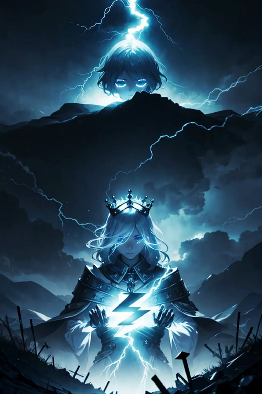lightning crown, chain lightning, lightning crown made by lightning, person with no face, shadow