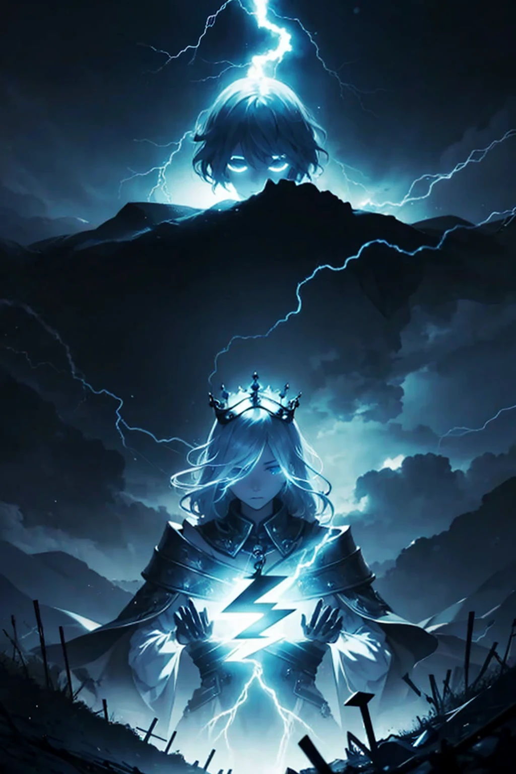 lightning crown, chain lightning, lightning crown made by lightning, person with no face, shadow