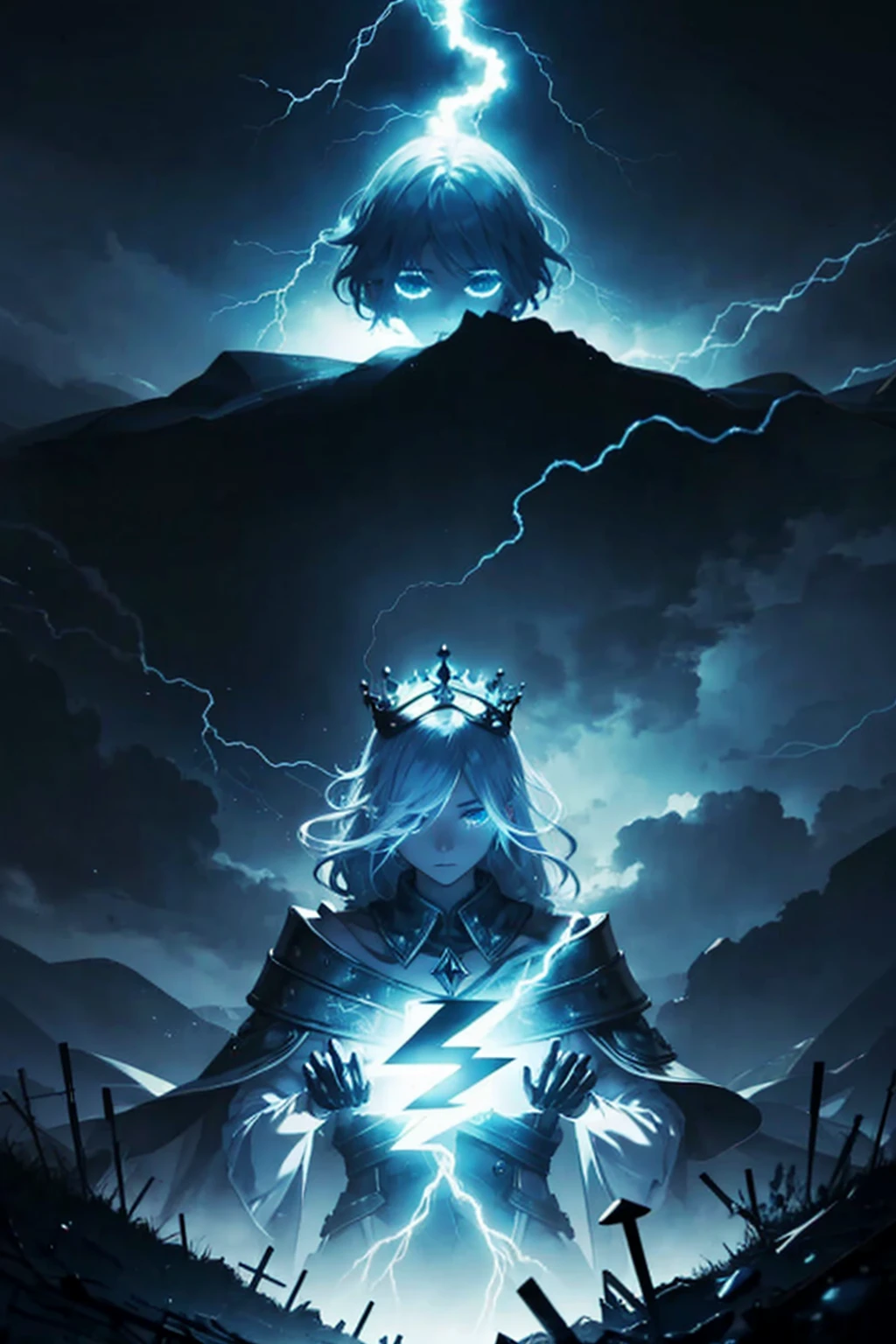 lightning crown, chain lightning, lightning crown made by lightning, person with no face, shadow