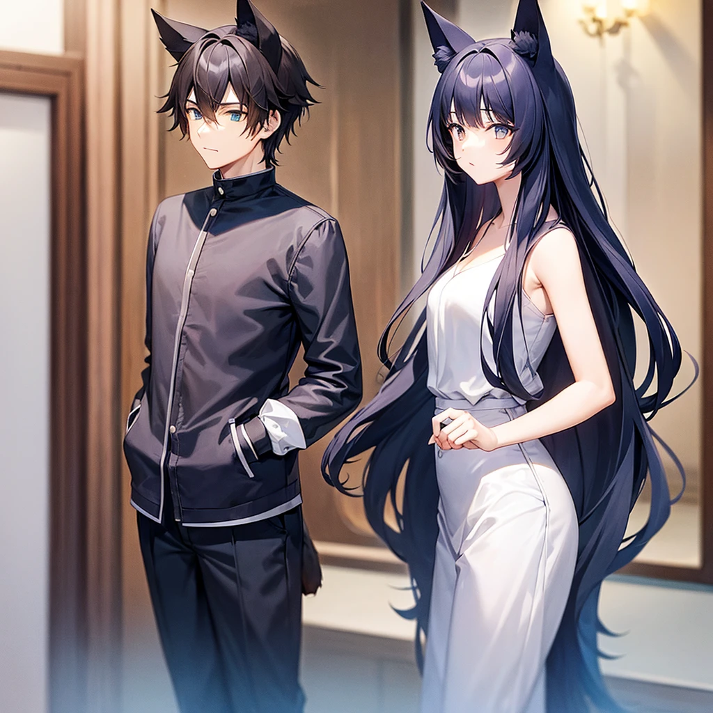 Girl with cat ears and long hair standing next to her boyfriend