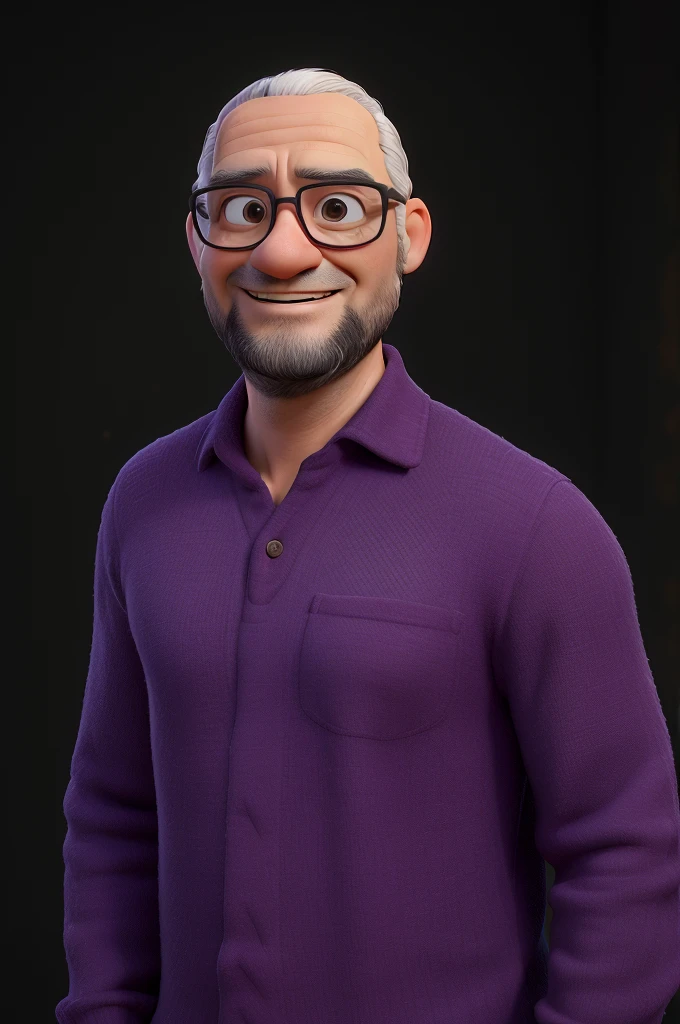 create the image of a middle-aged teacher teacher, in Pixar cartoon style, with a slim and elegant physique, with a fun attitude, aged around 40 years, with a lot of beard on his face, already with some light wrinkles that denote wisdom, white skin color. He should have a bearded face and some gray hair mixed in., short-hair, smooth with some natural waves, very full and black in color. He must be running out, Golden rim, intellectual style glasses., wearing jeans and a Pink Floyd t-shirt, have a sweet smiling facial expression, sharp and intelligent appearance showing an intelligent and sweet personality, but with a touch of sarcasm. into the image, He should be in a pose that reflects his intelligence and confidence, maybe with a book or scientific formulas lying around, indicating his passion for physical chemistry.