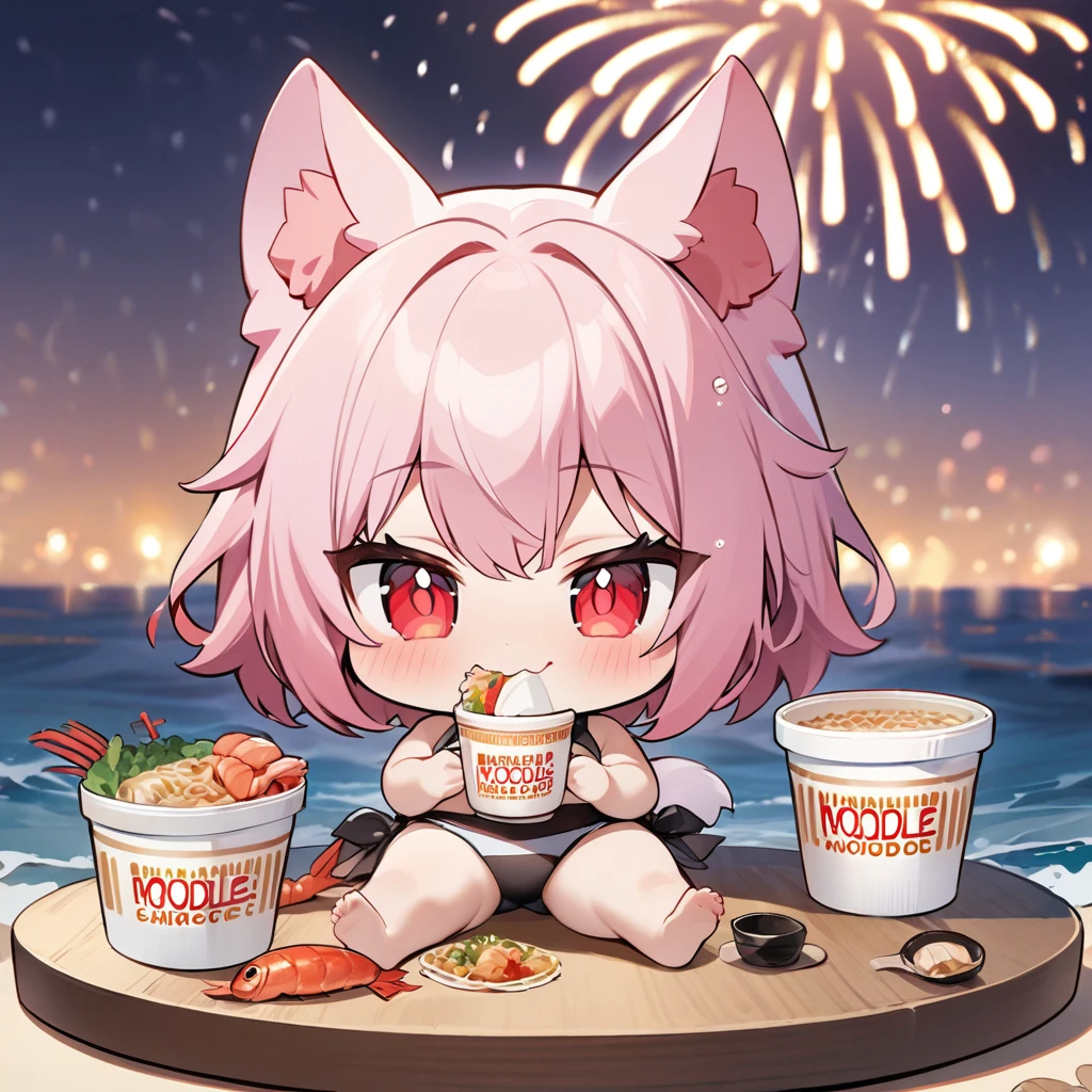 Top quality, masterpiece, chibi character, pink hair, animal ear girl, red eyes, swimsuit, Cup noodle container,seafood cup noodles, sea, fireworks