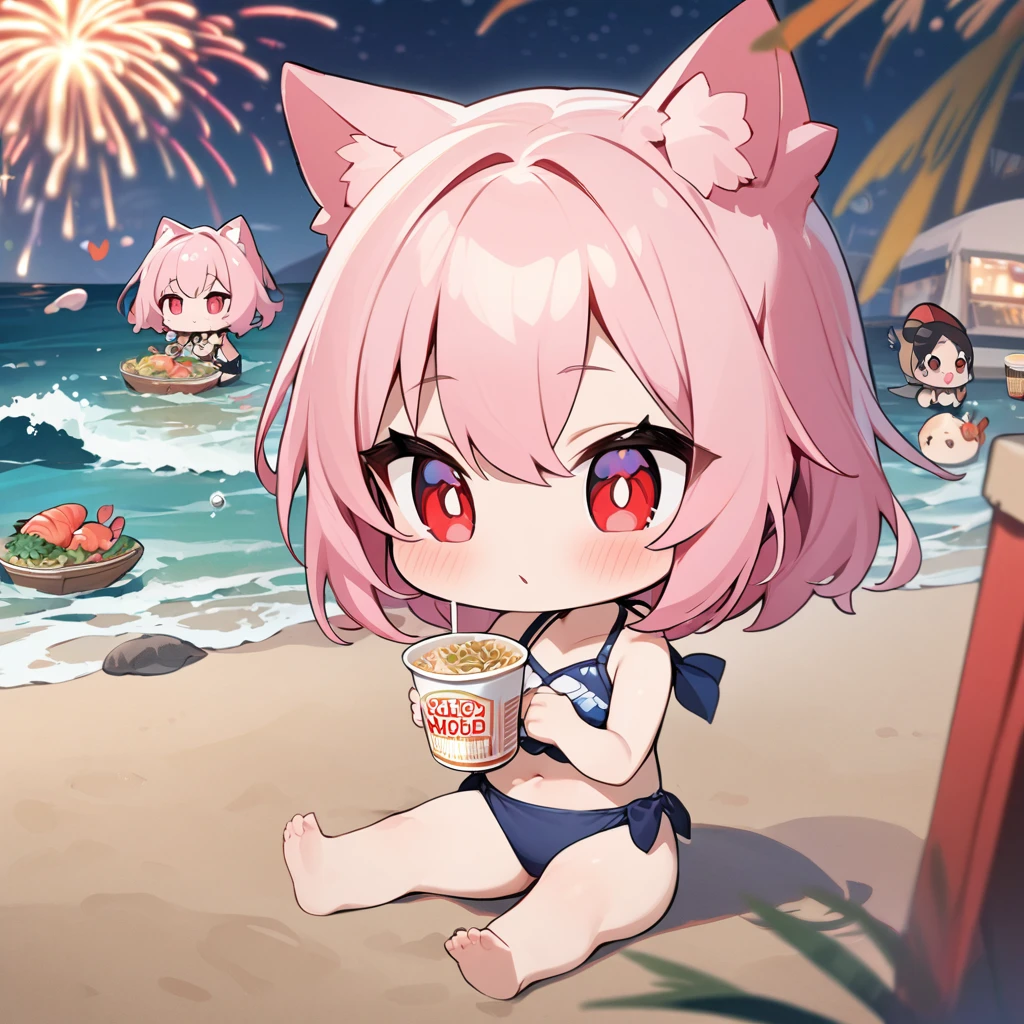 Top quality, masterpiece, chibi character, pink hair, animal ear girl, red eyes, swimsuit, Cup noodle container,seafood cup noodles, sea, fireworks