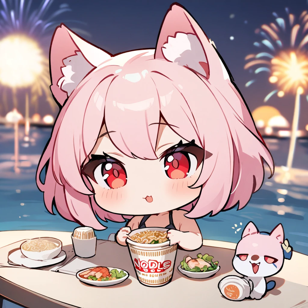 Top quality, masterpiece, chibi character, pink hair, animal ear girl, red eyes, swimsuit, Cup noodle container,seafood cup noodles, sea, fireworks