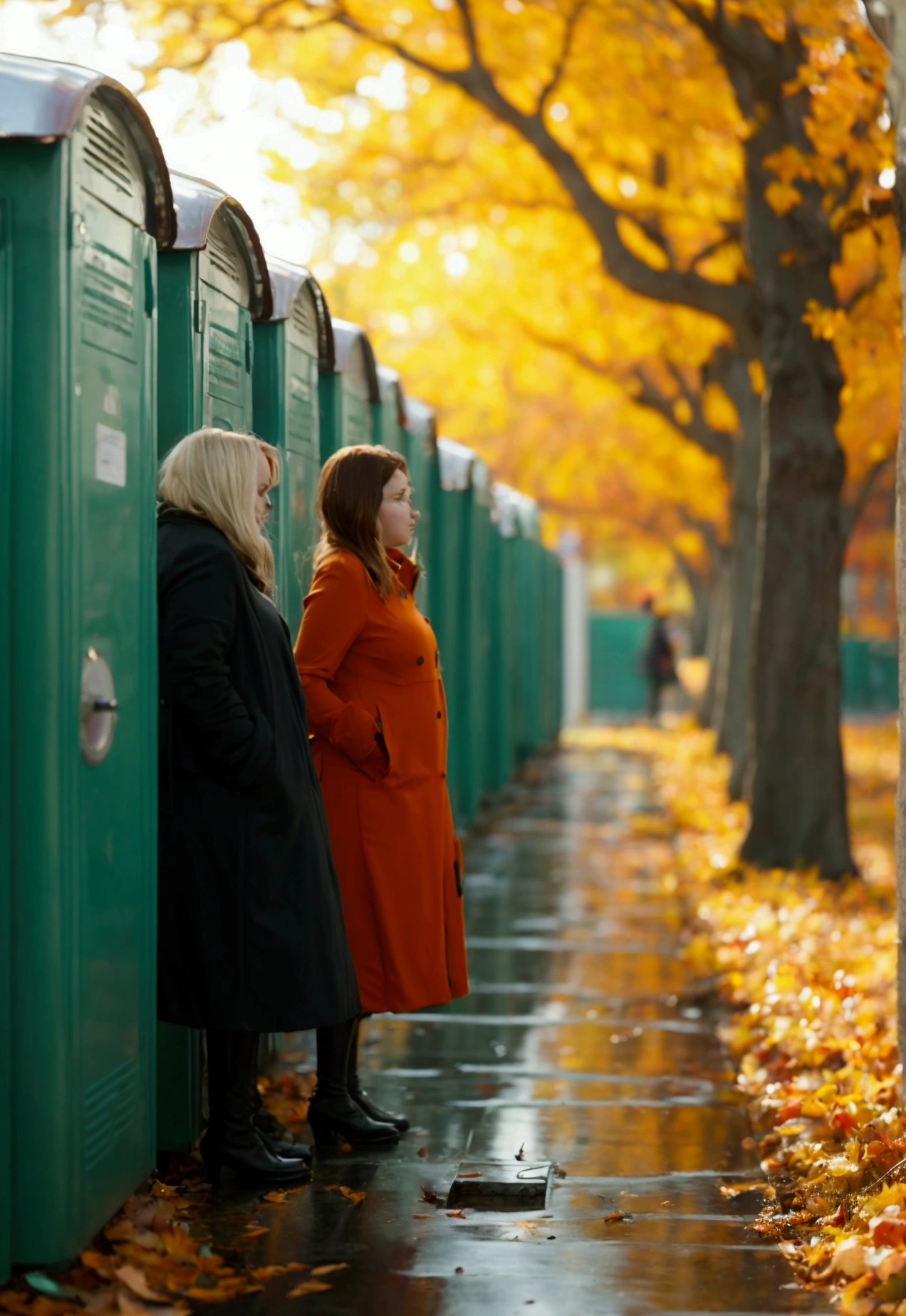 Very drunk fat Russian girls stand in autumn clothes in line at a public toilet 