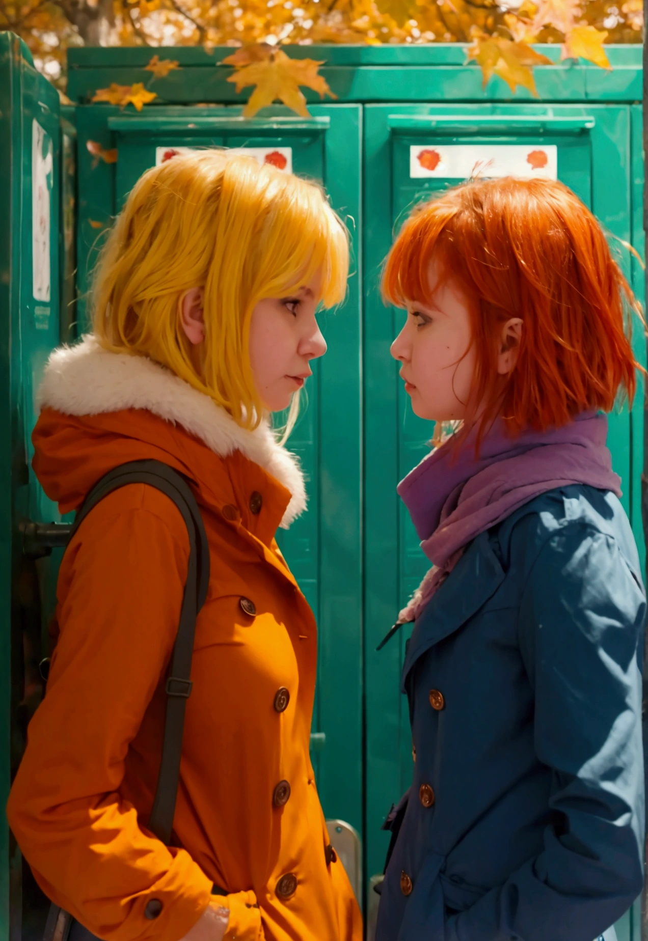 Very drunk fat Russian girls stand in autumn clothes in line at a public toilet