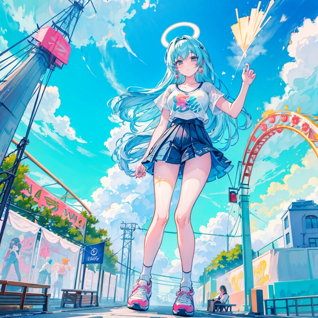 masterpiece　　Unreal Engine　Anime Style　Delicate painting　4K　90's　giant　crowd　 　amusement park　to　amusement parkに立っている巨大な女の子　Ferris wheel　ジェッtoコースター　　crowd　スカーto　Big Breasts　White T-shirt　Summer clothes　Short sleeve　Private Server　sneakers　White socks　watch　Black Hair　　smile　blue sky　cumulonimbus　Contrail　female giant giant girl Whole body 　 Crowd Unreal Engine,cleavage ,a drawing of a , earrings, long hair, 1980s (style) Cute picture　Beauty　Analog style　whole body　sneakers　