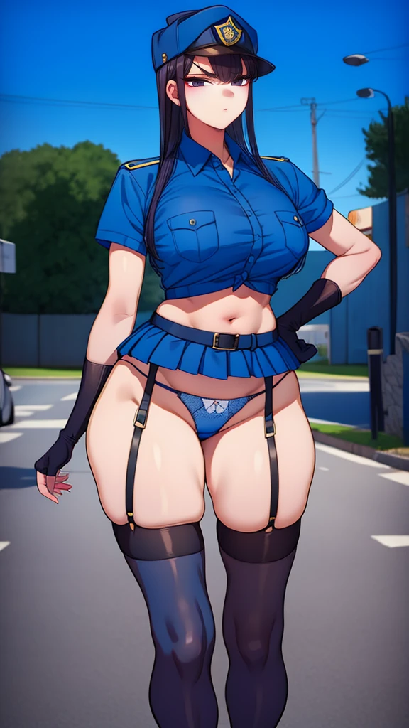 a cartoon character in a sexy suit posing on the street with a bush, police officer, police uniform, 1 girl, police woman, shirt, skirt, hat, tie, police cap, blue eyes, gloves, breasts, purple hair very dark, thighs, solo, navel, garter straps, looking at viewer, short sleeves, large breasts, underwear, miniskirt, midriff, ass visible through thighs, panties, outdoors, indentation, braid, hand in hand hip, belt, black skirt, uniform, collared shirt, frown, thigh highs, peaked cap, crop top, black panties, blue shirt, chest pocket, V-shaped eyebrows, Eiko Tsukimi, blue eyes, purple hair very dark baseball cap