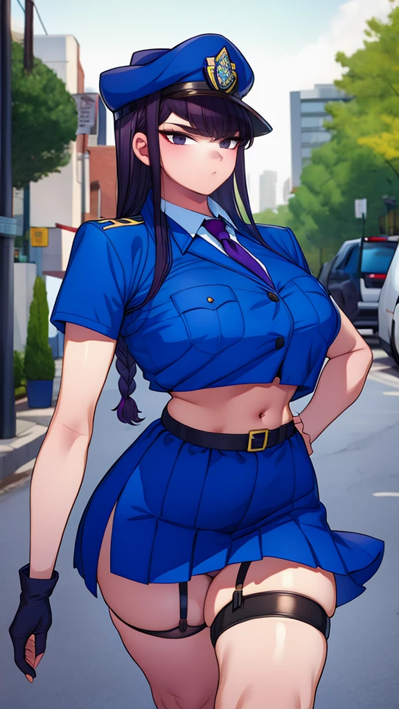 a cartoon character in a sexy suit posing on the street with a bush, police officer, police uniform, 1 girl, police woman, shirt, skirt, hat, tie, police cap, blue eyes, gloves, breasts, purple hair very dark, thighs, solo, navel, garter straps, looking at viewer, short sleeves, large breasts, underwear, miniskirt, midriff, ass visible through thighs, panties, outdoors, indentation, braid, hand in hand hip, belt, black skirt, uniform, collared shirt, frown, thigh highs, peaked cap, crop top, black panties, blue shirt, chest pocket, V-shaped eyebrows, Eiko Tsukimi, blue eyes, purple hair very dark baseball cap