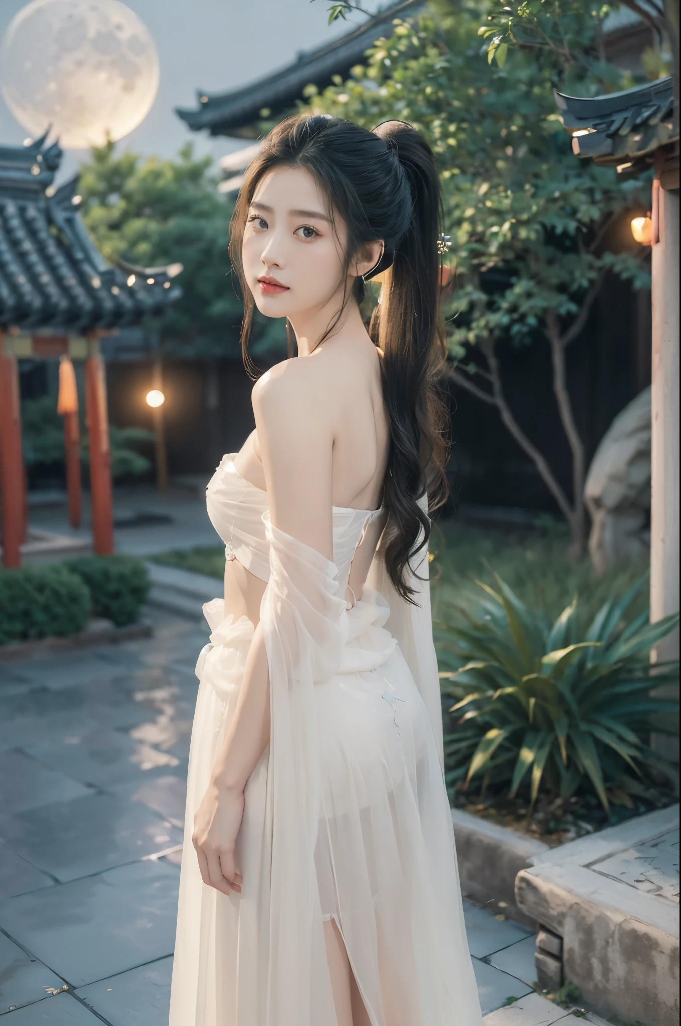 (((best quality))),(((ultra detailed))),(((masterpiece))),illustration,((1 beautiful girl,solo)),(short ponytail:1.2),((bright eyes,gentle smile)),((slim,thin)),((small breasts,flat chest)),(strapless white see through sheer Hanfu:1.3),flowing fabric,serene demeanor,vibrant plants and trees,(Chinese-style architecture:1.3),tile roofs,intricate wooden carvings,rich and vivid colors,(serene glow of the moon:1.5),(((colorful clouds))),traditional Chinese garment,(((summer night,village courtyard))),(standing:1.3),(arms behind back:1.3),((from front,upper body))