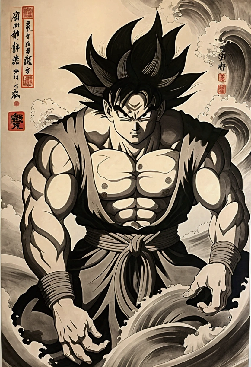 (masterpiece, best quality: 1.2), traditional Chinese ink painting, goku as god of destruction, regal