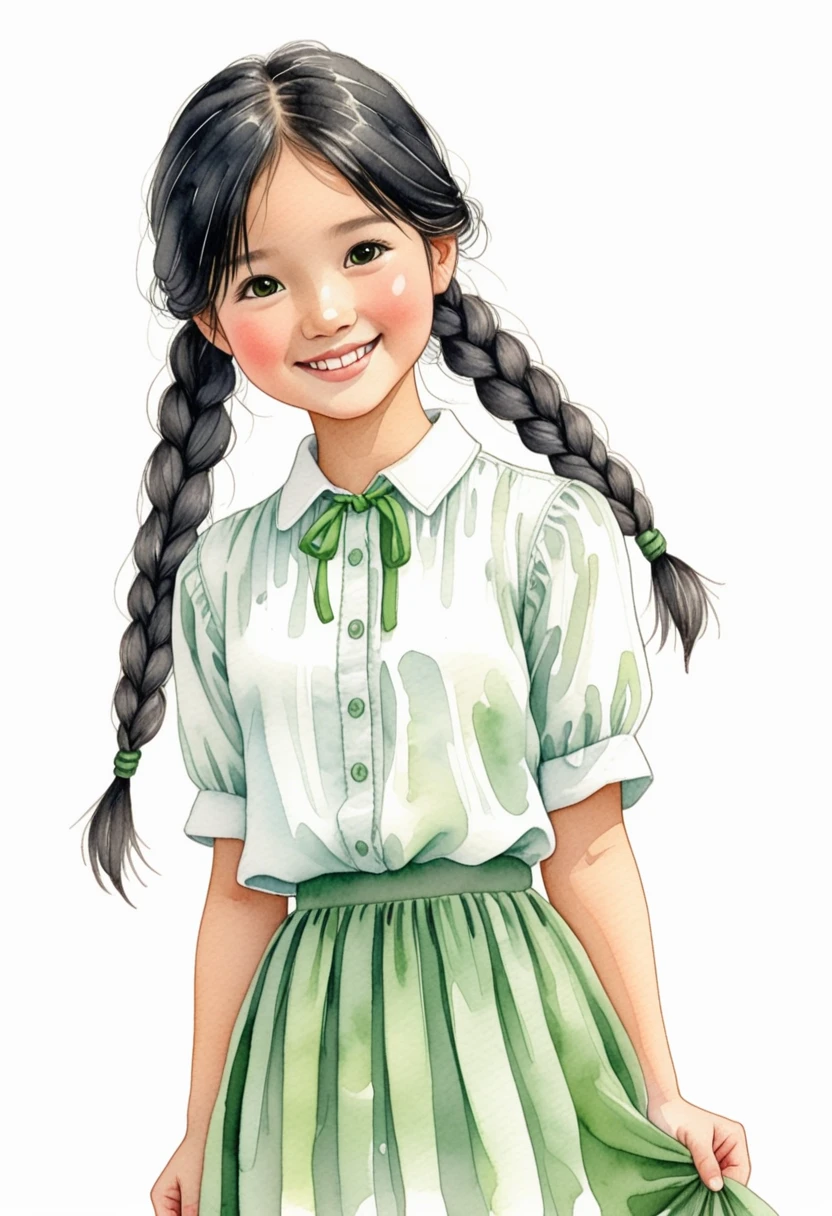 Hand-drawn watercolor illustration, One Girl,Black Hair（Two braids）,, White blouse,Pale green long skirt,13 years old,smile,cute, cute, Simple, Pencil line drawing