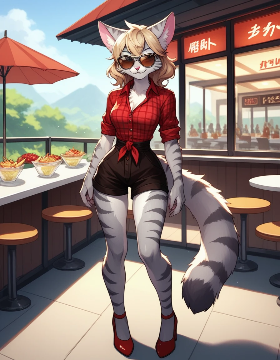 score_9,score_8_up,score_7_up, kemono style, Kat, Anthro furry feline, silver fur, grey stripes on body, aviator sunglasses covering eyes. short wavy blonde hair, red bandana tied to head, pink nose, :3, wearing red plaid tied collared shirt, black waist shorts with buttons, outdoors, standing in front of a 1940s diner, on hand one waist, full body shot, red pumps heels, seductive pose, full body shot