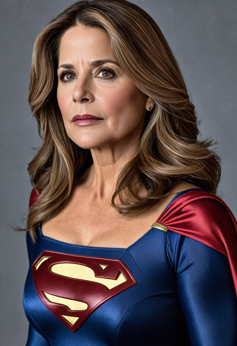 Supergirl old Lorraine Bracco; HD. Photograph, ((realism)), extremely high quality RAW photograph, ultra detailed photograph, sharp focus, high resolution, (detailed skin:1,3),high quality, film grain, Fujifilm XT3,Highly Detailed, movie, (Cinematic Photo:1.3) of (Realistic:1.3)