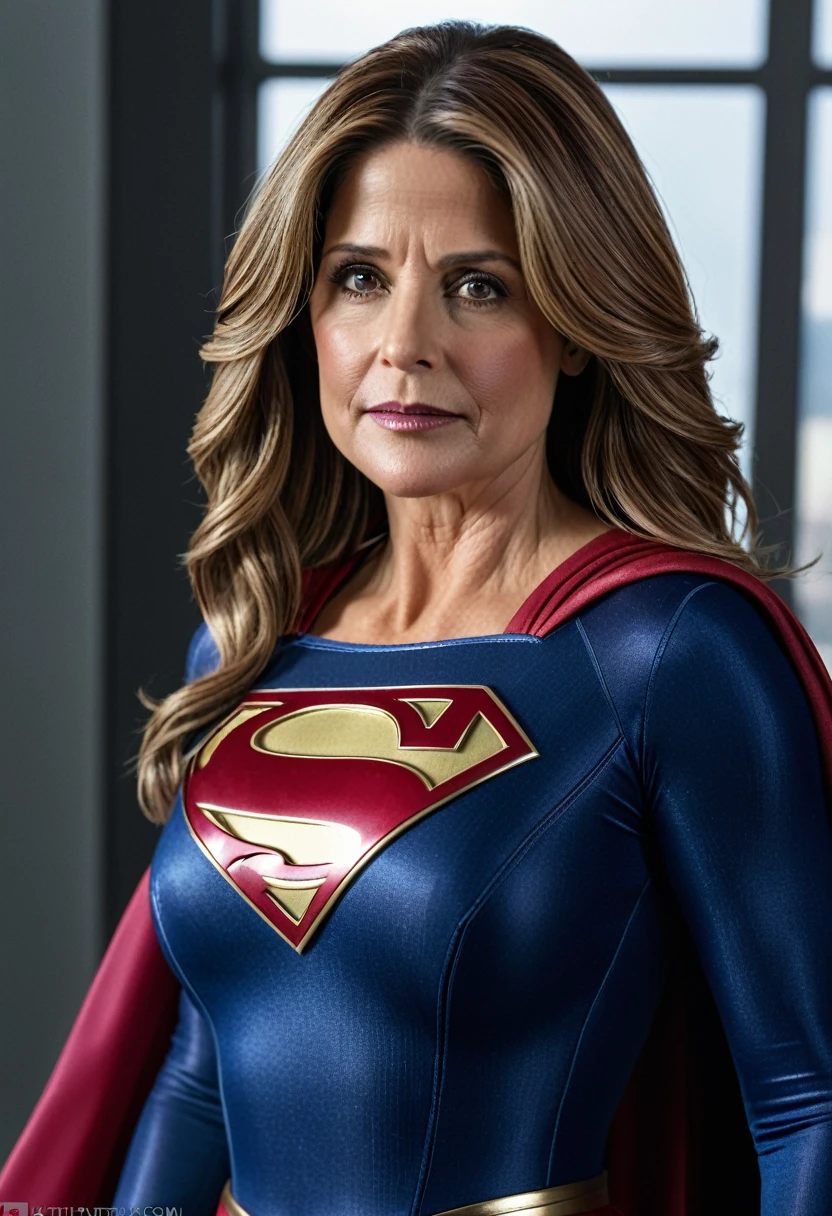 Supergirl old Lorraine Bracco; HD. Photograph, ((realism)), extremely high quality RAW photograph, ultra detailed photograph, sharp focus, high resolution, (detailed skin:1,3),high quality, film grain, Fujifilm XT3,Highly Detailed, movie, (Cinematic Photo:1.3) of (Realistic:1.3)