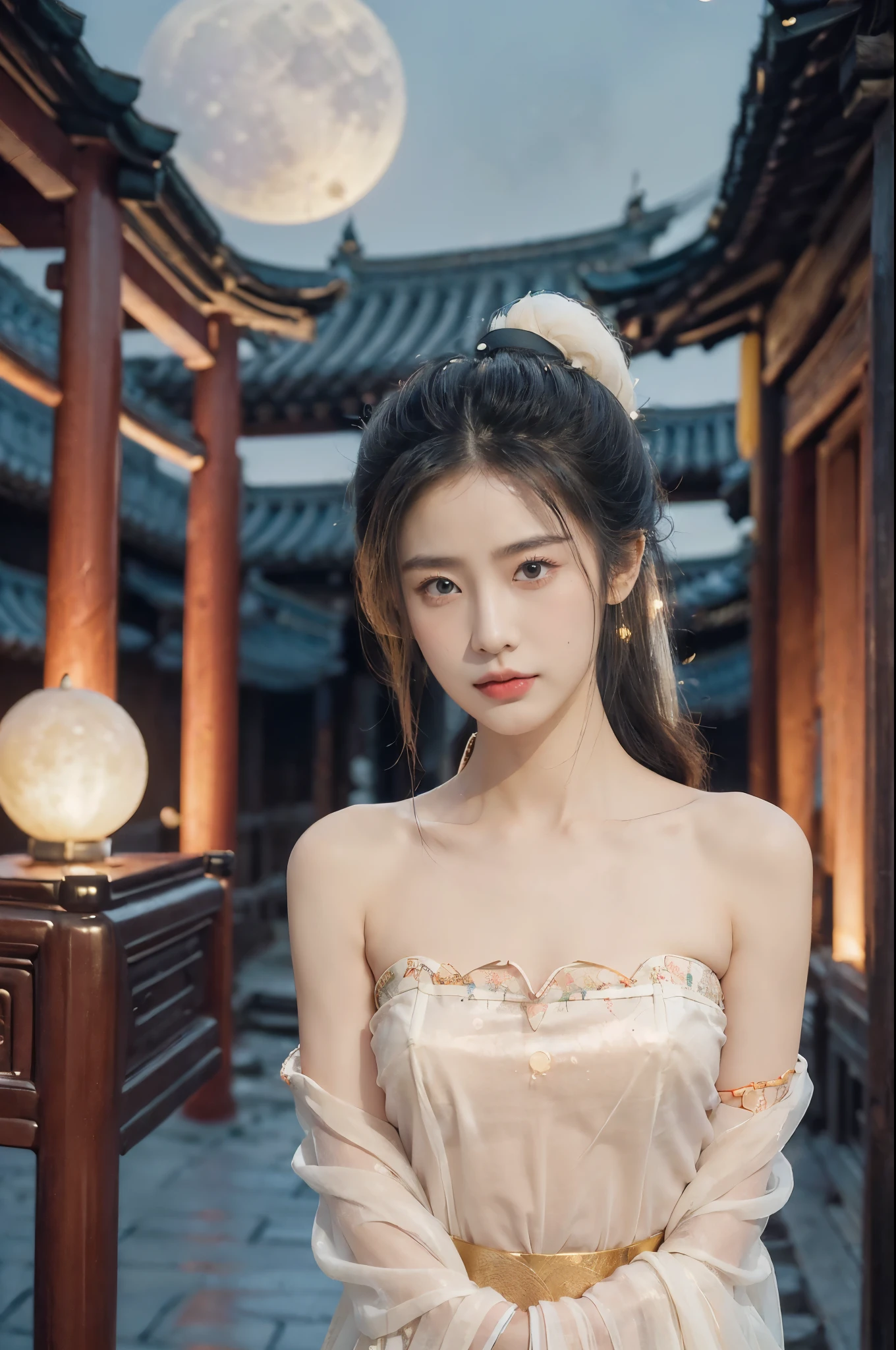 (((best quality))),(((ultra detailed))),(((masterpiece))),illustration,((1 beautiful girl,solo)),(short ponytail:1.2),((bright eyes,gentle smile)),((slim,thin)),((small breasts,flat chest)),(strapless white see through sheer Hanfu:1.3),flowing fabric,serene demeanor,vibrant plants and trees,(Chinese-style architecture:1.3),tile roofs,intricate wooden carvings,rich and vivid colors,(serene glow of the moon:1.5),(((colorful clouds))),traditional Chinese garment,(((summer night,village courtyard))),(standing:1.3),(arms behind back:1.3),((from front,upper body))