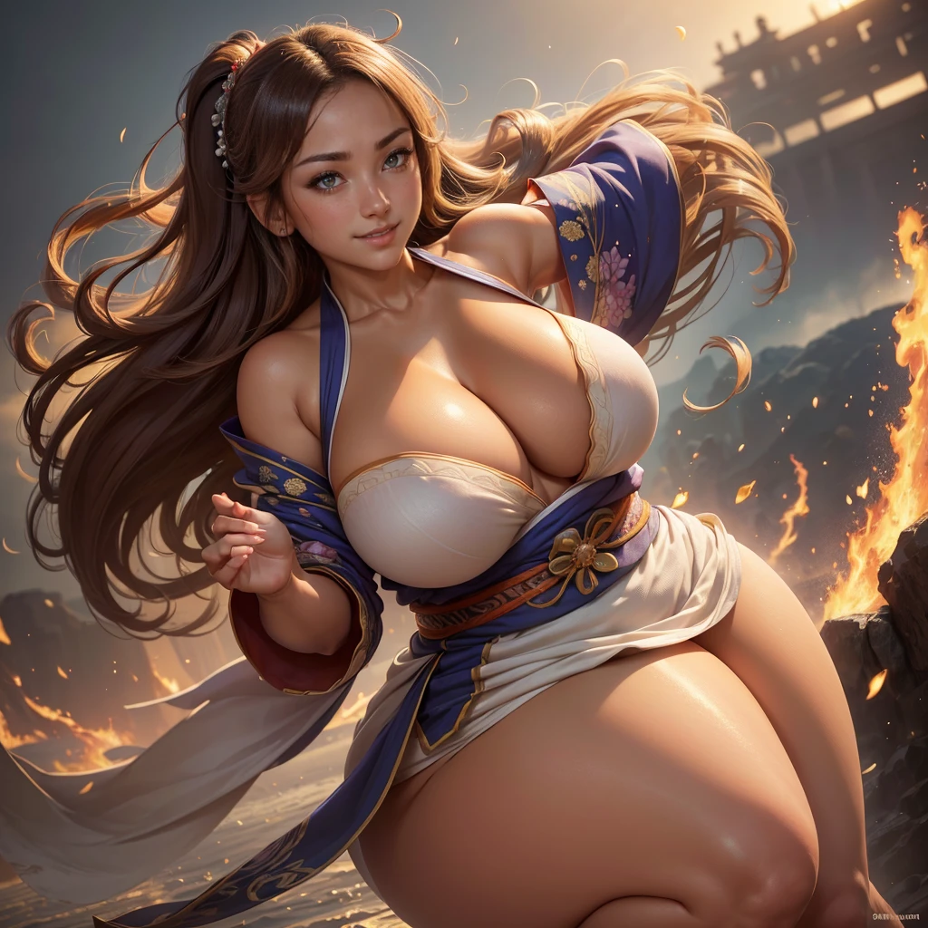 Highly detailed CG unit 8K wallpaper, masterpiece, High resolution, highest quality, highest quality real texture skin, Super Real, Digital Painting, Best image quality, 最High resolution, 8K, (((1 girl))), Very beautiful ager, ((Highly detailed eyes and face)), Beautiful eyes every detail, Full Body Shot, beautiful kimonos, rainbow kimono, Japanese dress, Dazzling, chinese style embroidery, disproportionate breasts, huge breasts, (sideboobs), ((sagging breasts:1.5, Cleavage:1.5, gigantic breasts, Saggy breasts, Gravity-dependent breasts, Heavy chest, erect nipple,, ,((tanned skin)), smile, grin, Strong winds, typhoon, light brown hair,