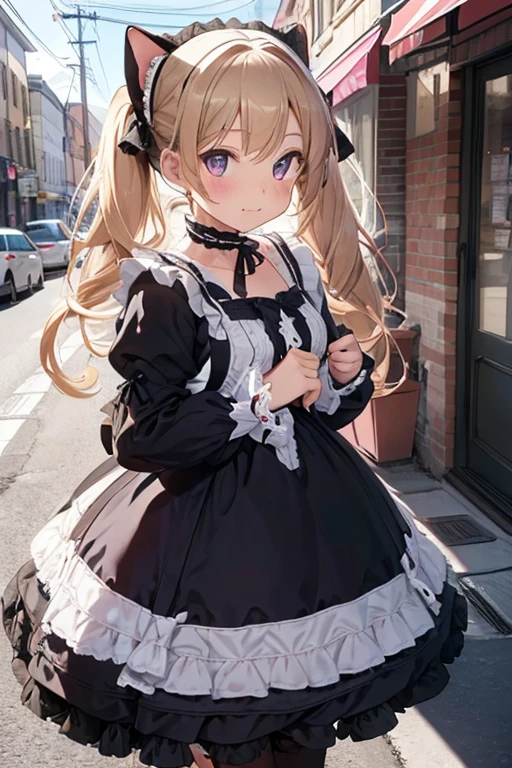 Superb detail, 8k photos, hyper-realism, professional light, realistic background, visual depth, background bokeh, wide angle lens, full body, (13 years old, cute, , flat chest, cat ears), 1girl, colored eyes, blonde hair, (Lolita fashion: 1.5), (lace, frilled shirt, white petticoat, sneakers), (plush toy), pink cute backpack, street, fashion